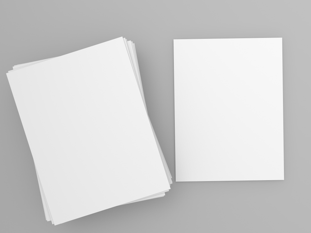 Blank A4 paper template sheets on gray background. 3d render illustration.. Blank A4 paper template sheets on gray background.