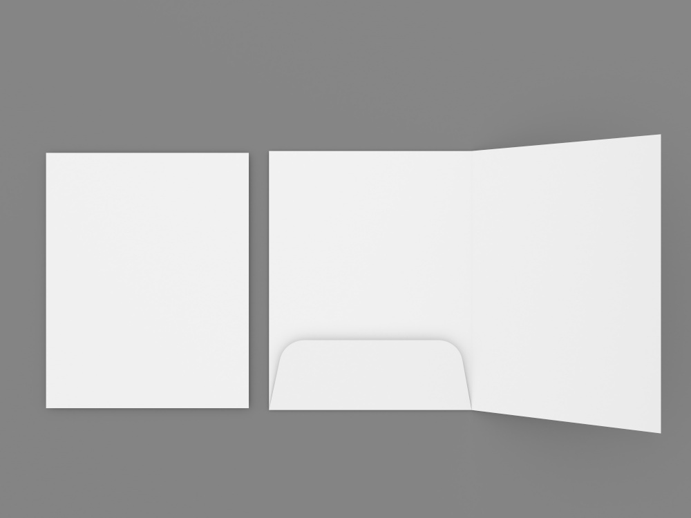 Mockup of a folder with a pocket for A4 sheets of paper on a gray background. 3d render illustration.. Mockup of a folder with a pocket for A4 sheets of paper on a gray background.