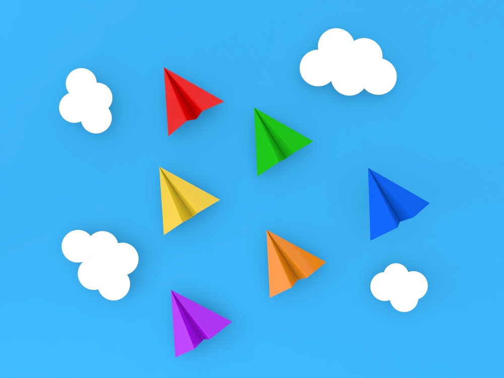 Colored paper planes on a blue background. Leadership concept. 3d render illustration.. Colored paper planes on a blue background. Leadership concept.