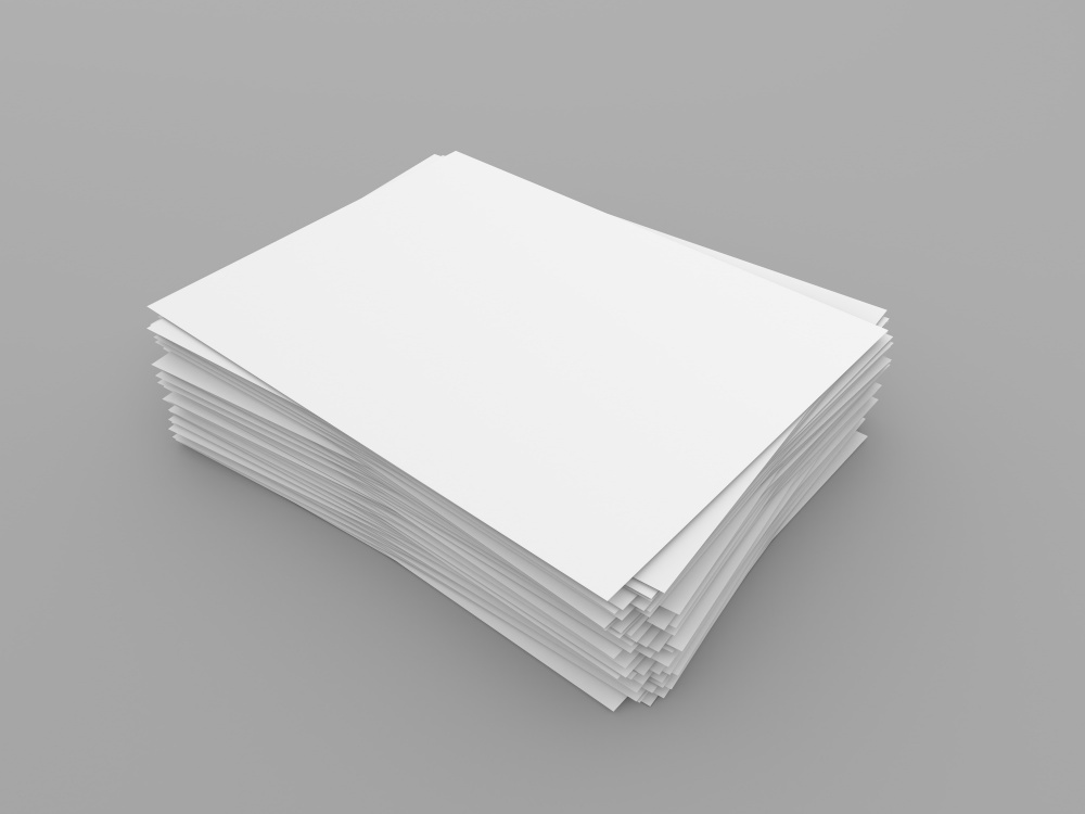 A stack of A4 papers on a gray background. 3d render illustration.