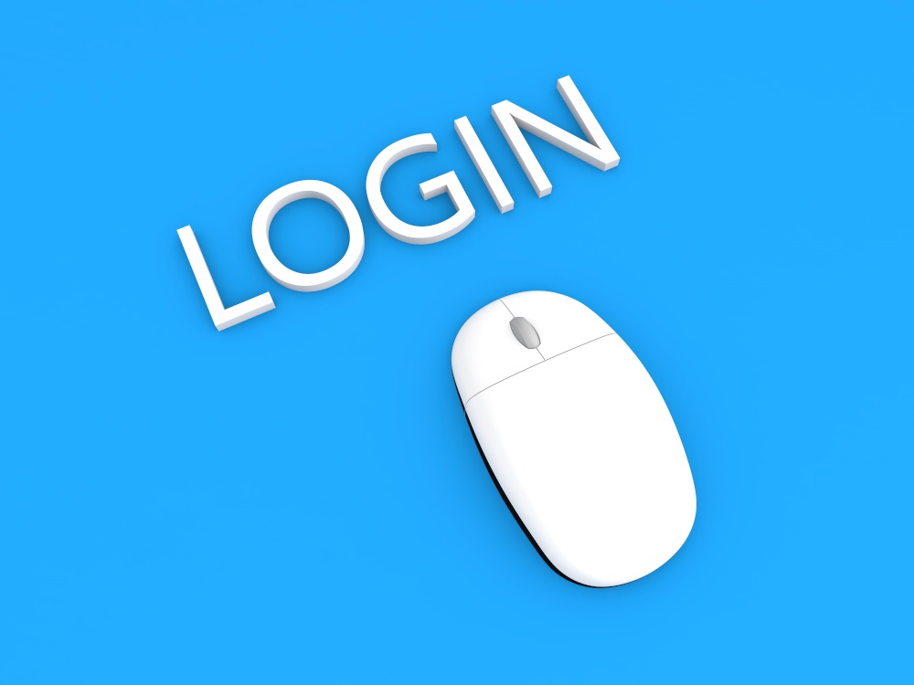Computer mouse and the word login on a blue background. 3d render illustration.