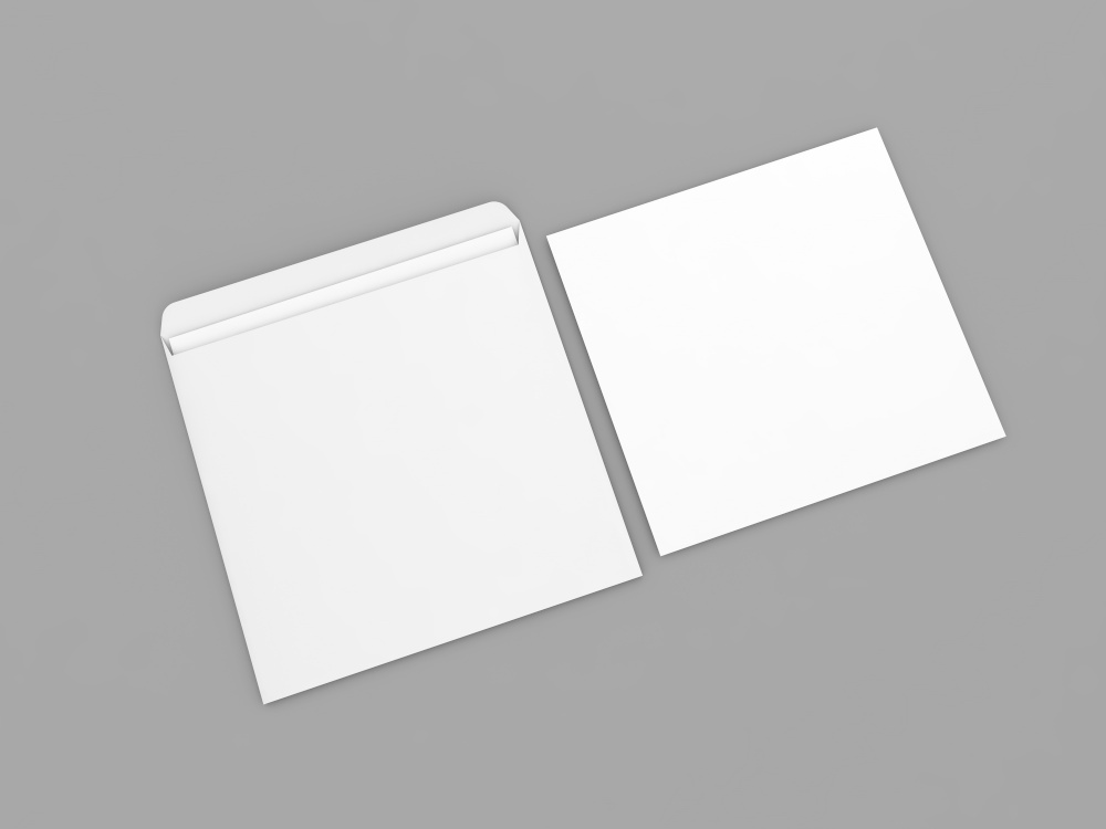 Blank envelope and postcard mockup on gray background. 3d render illustration.
