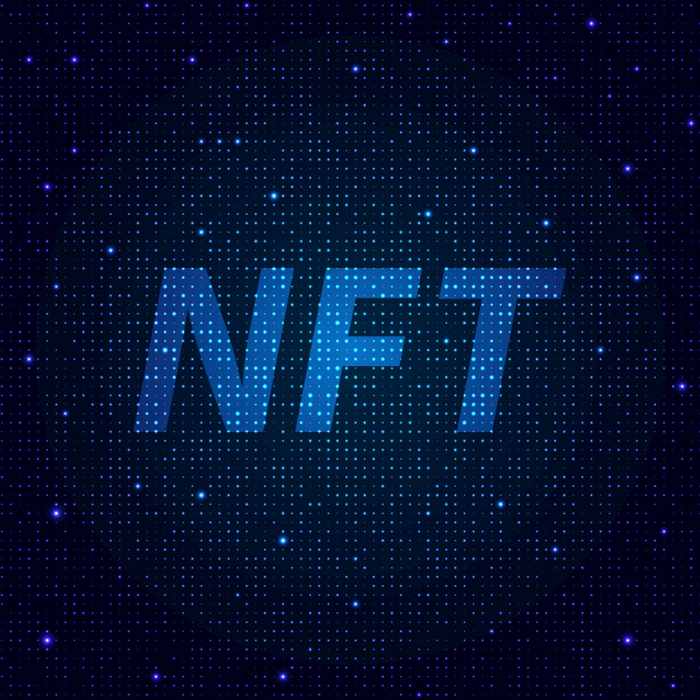 Not interchangeable tokens NFT on blue glittering background. Vector illustration .. Not interchangeable tokens NFT on blue glittering background.