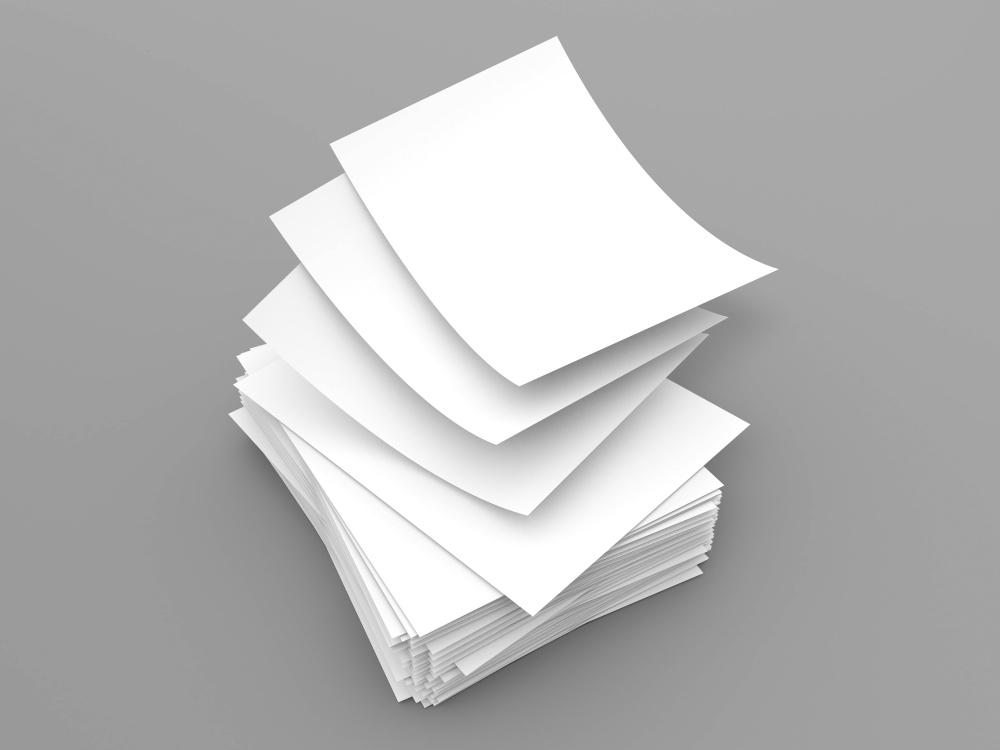 Stack of white sheets of A4 office paper on a gray background. 3d render illustration.