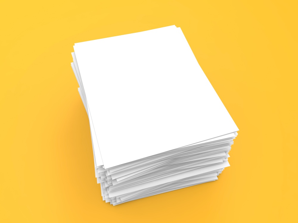 Stack of white sheets of A4 office paper on a yellow background. 3d render illustration.