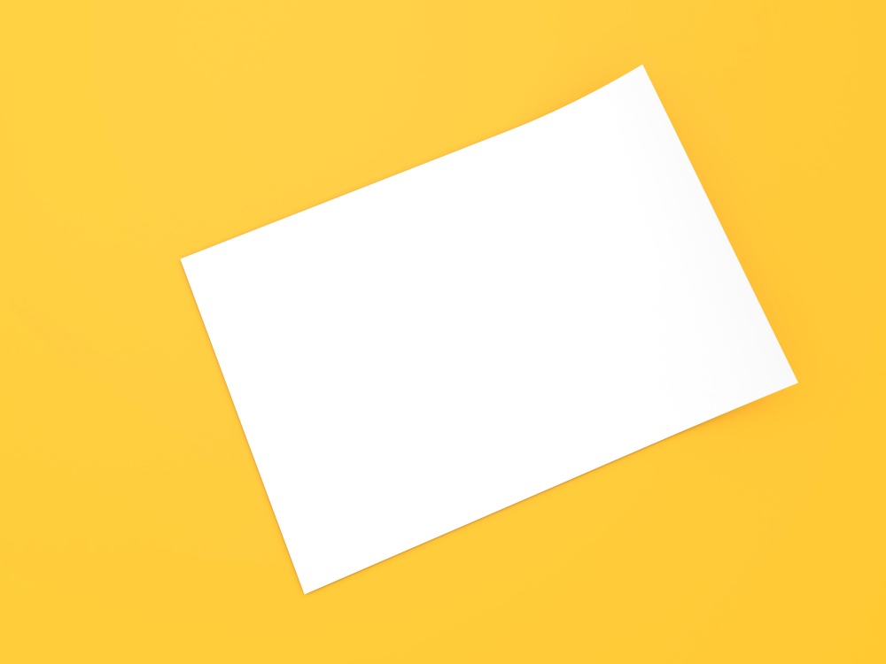 White sheet of A4 office paper on a yellow background. 3d render illustration.