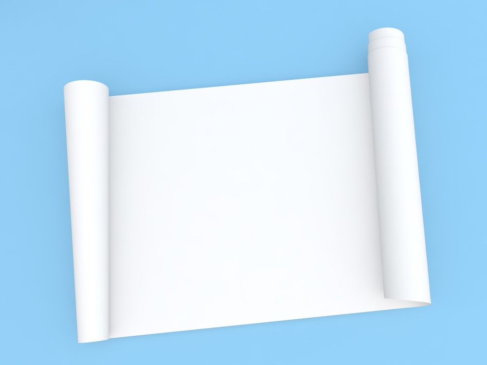 Paper scroll manuscript on a blue background. 3d render illustration.