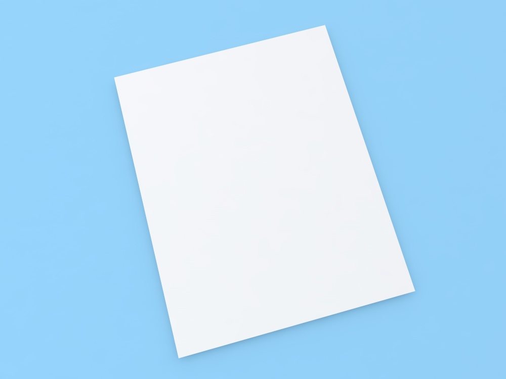 A4 sheet of office paper on a blue background. 3d render illustration.