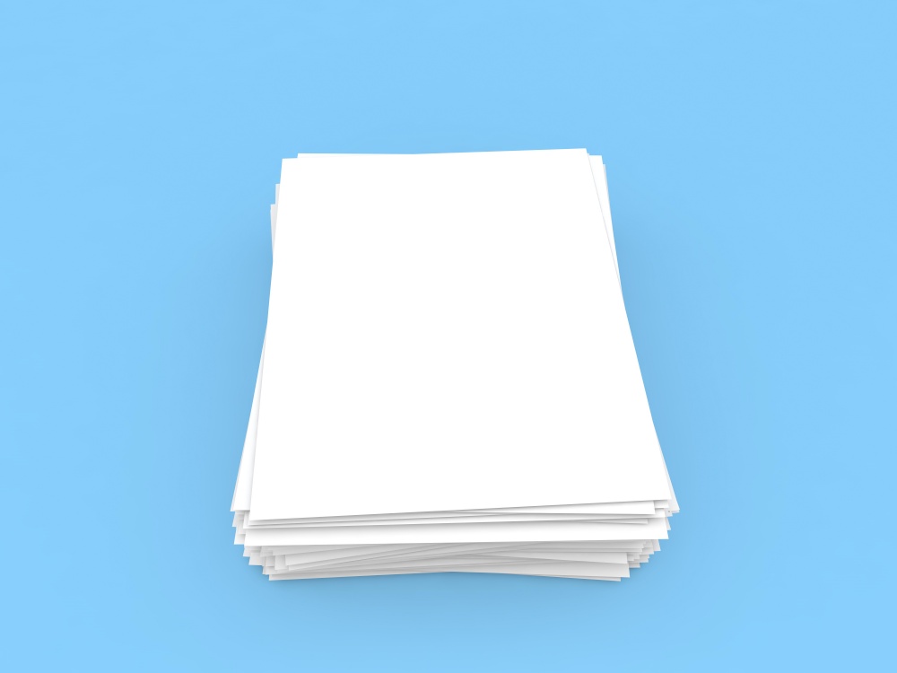Stack of white sheets of A4 office paper on a light blue background. 3d render illustration.