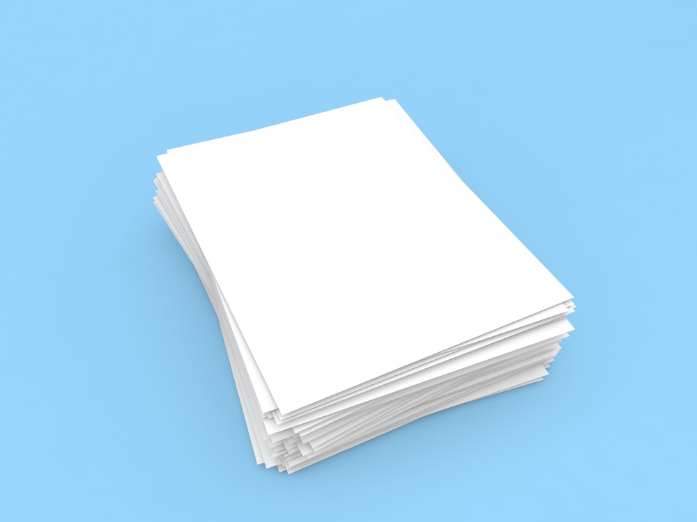 White sheets of A4 office paper on a blue background. 3d render illustration.