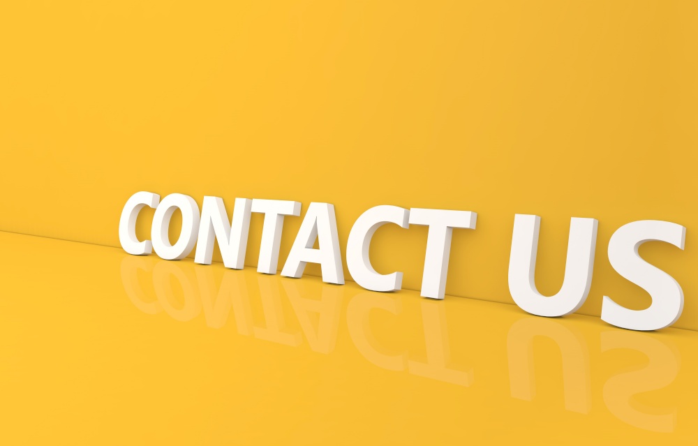 Contact us lettering on a yellow background. 3d render illustration.