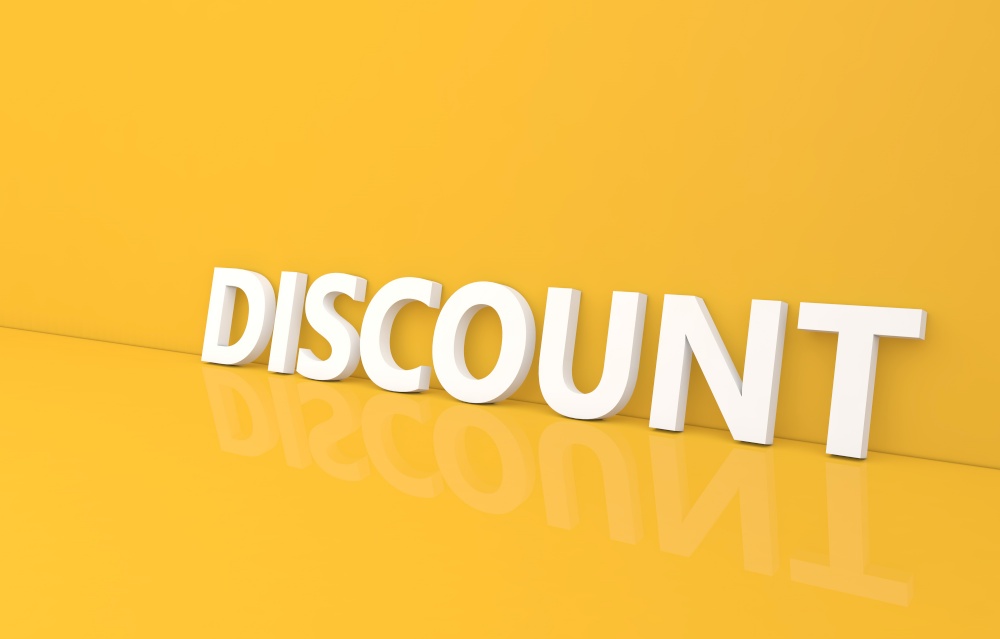 Discount inscription on a yellow background. 3d render illustration.