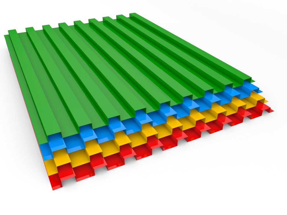 Colored sheets of metal profiles for the roof on a white background. 3d render illustration.