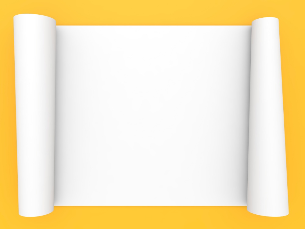 Rolled roll of white paper on a yellow background. 3d render illustration.