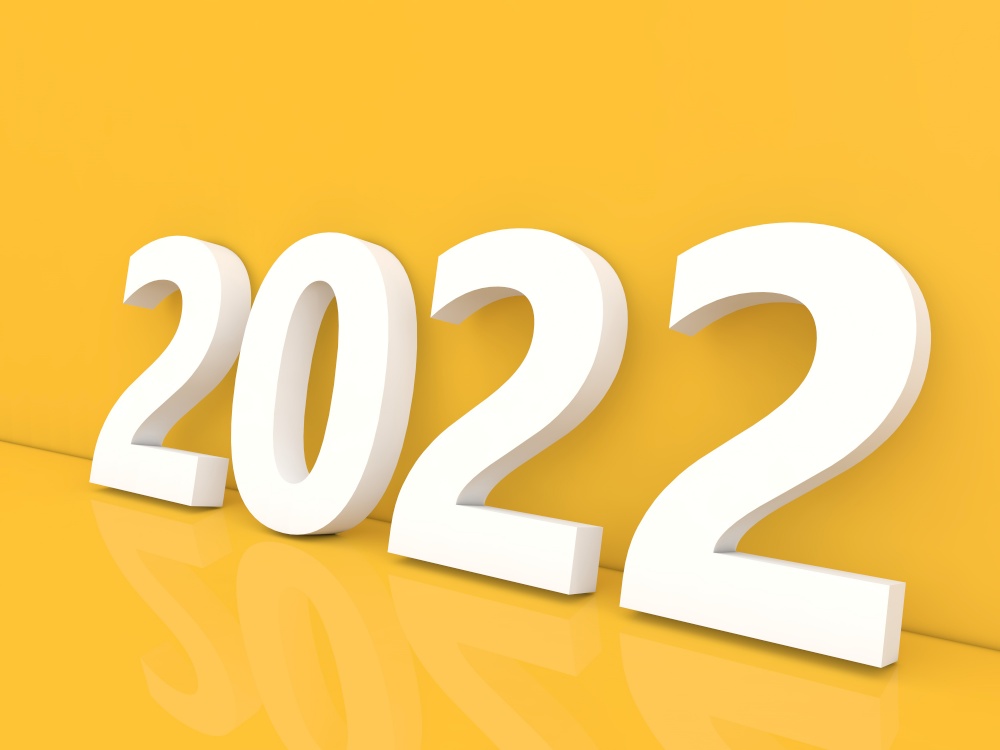 2022 white numbers on a yellow background. 3d render illustration.