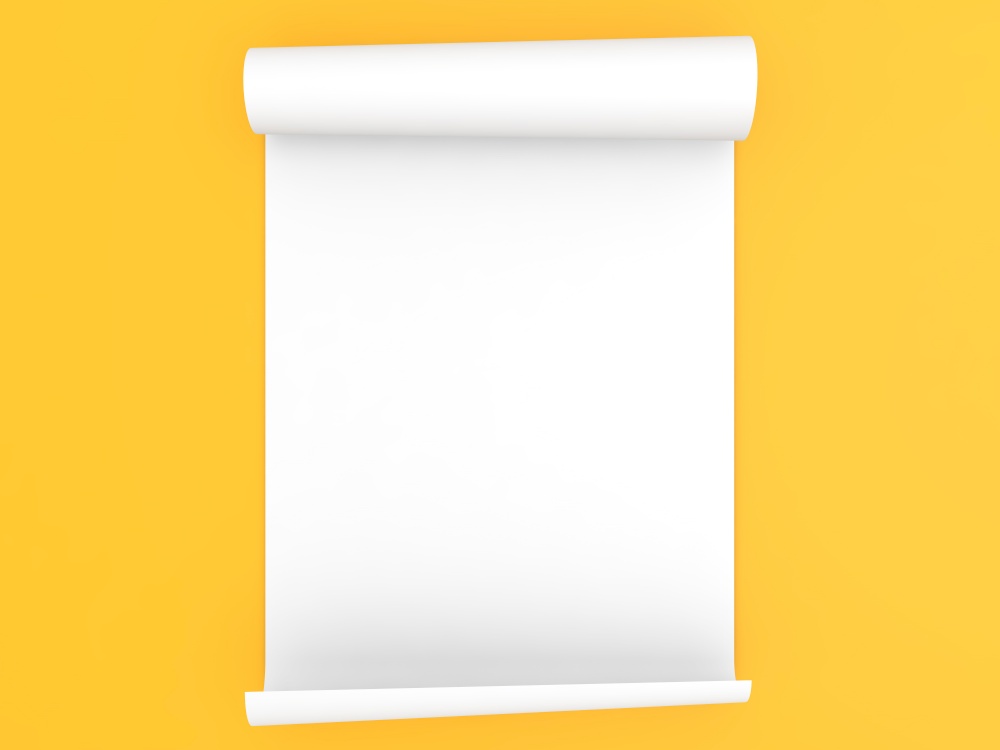 Rolled roll of A4 paper on a yellow background. 3d render illustration.