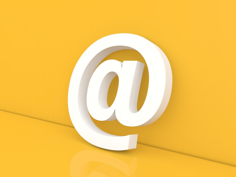 Email sign on a yellow background. 3d render illustration.