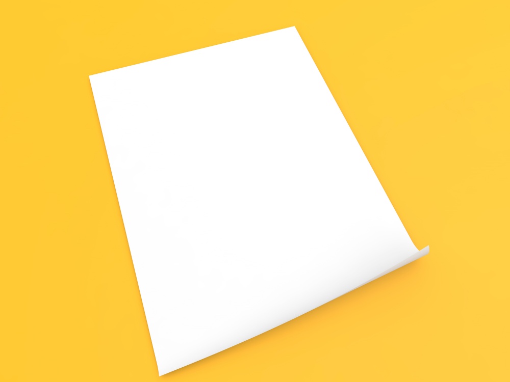 A4 blank sheet of paper on a yellow background. 3d render illustration.