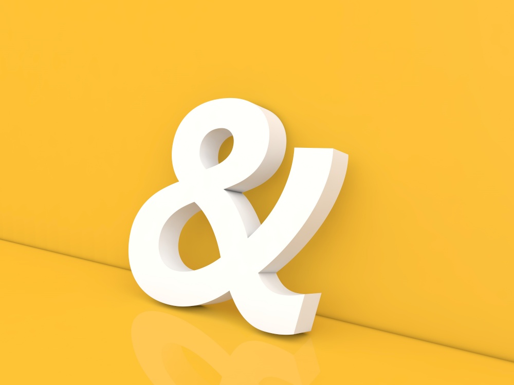 Ampersand symbol on a yellow background. 3d render illustration.