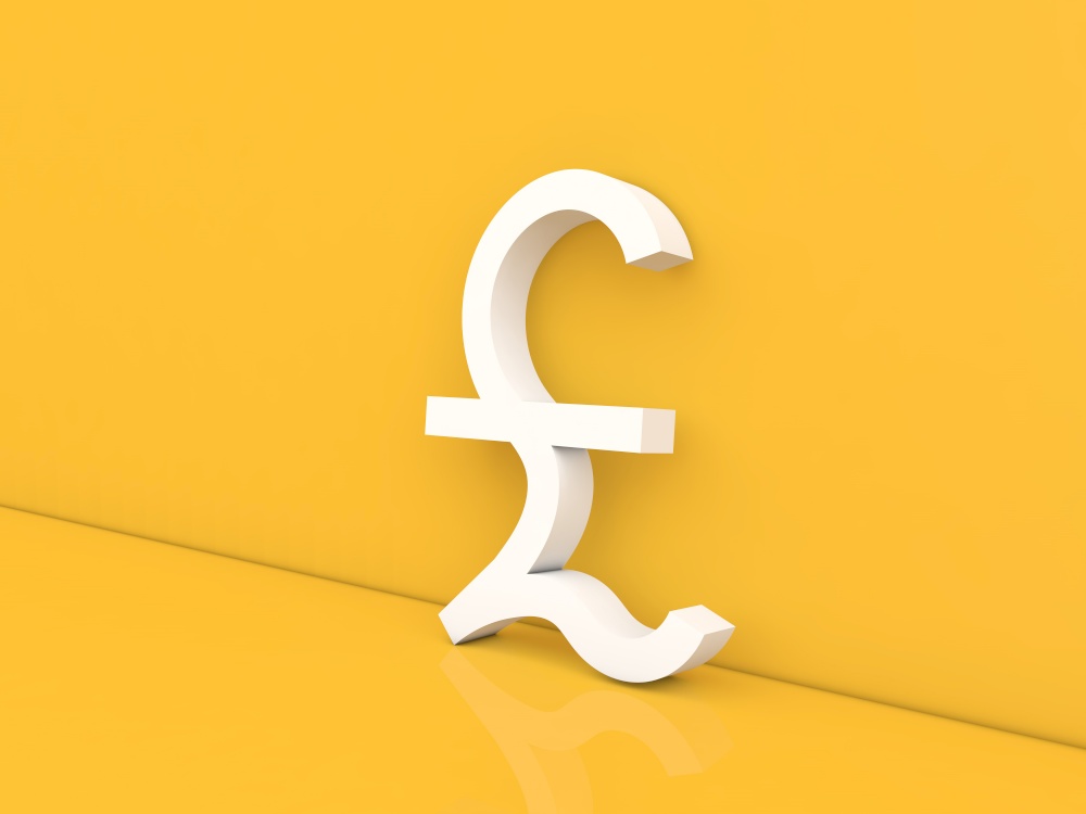 Pound sterling symbol on yellow background. 3d render illustration.