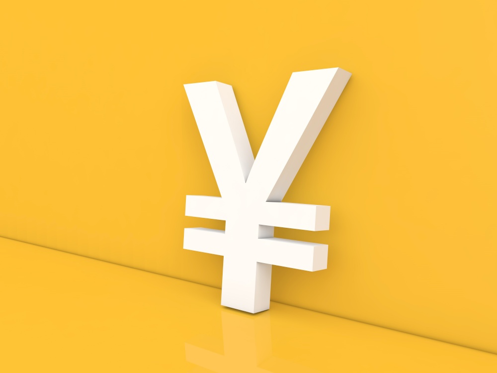Japanese currency sign on a yellow background. 3d render illustration.