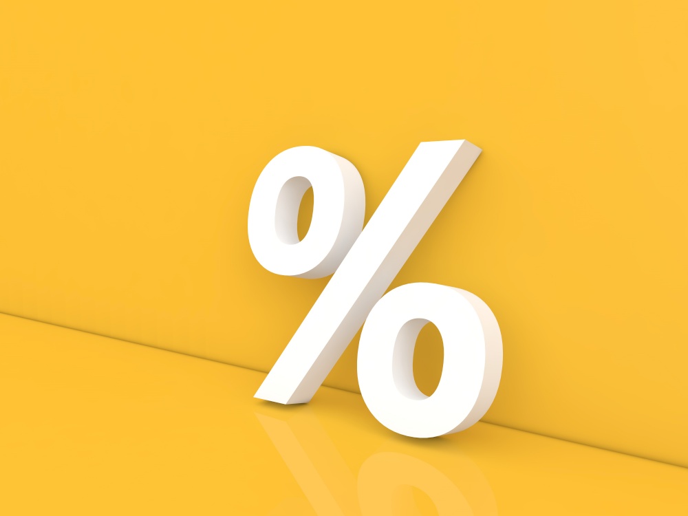 Percent sign on a yellow background. 3d render illustration.