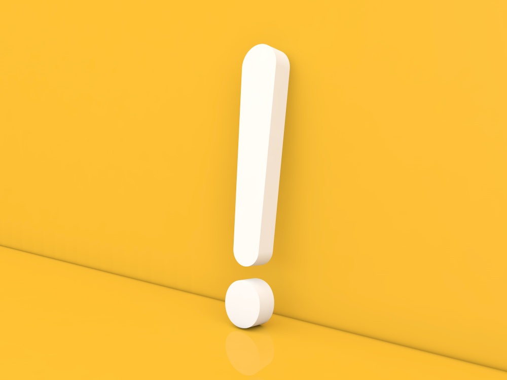 Exclamation mark on a yellow background. 3d render illustration.