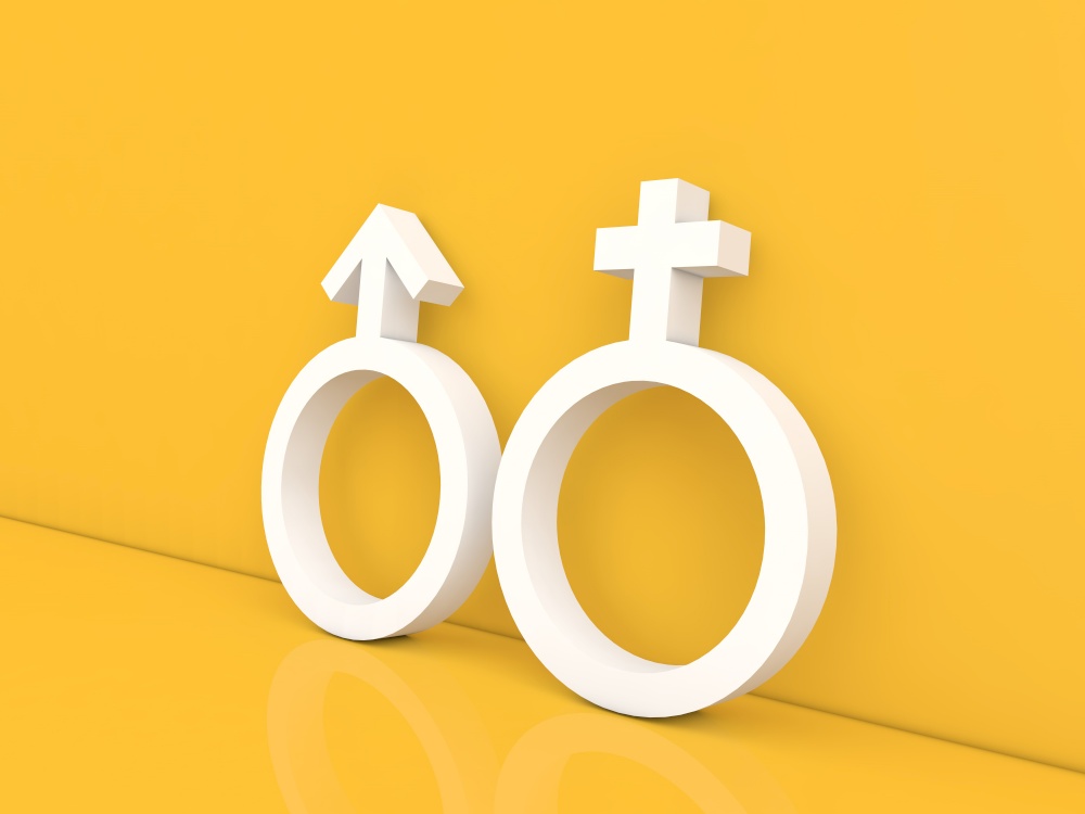 Gender symbols of man and woman on a yellow background. 3d render illustration.