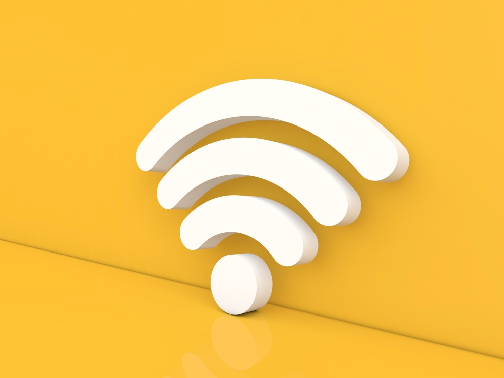 Wi-fi sign on a yellow background. 3d render illustration.