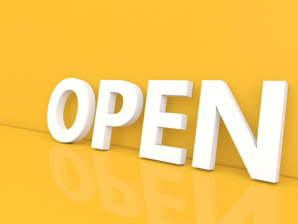 The inscription is open in large letters on a yellow background. 3d render illustration.