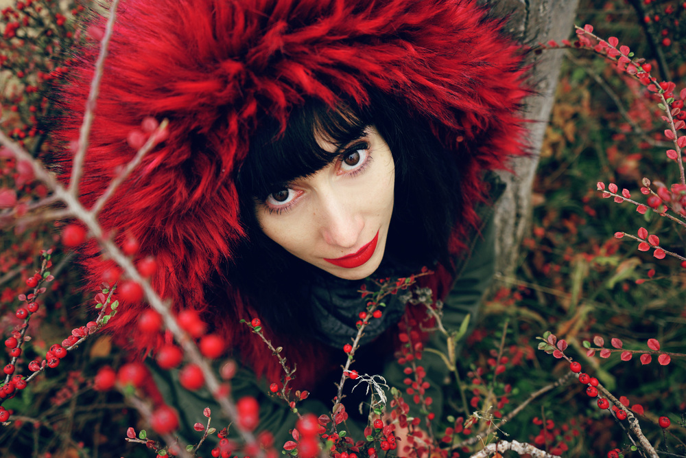 Portrait of a beautiful young brunette woman in red with a smile and hood with red hair in the forest behind a bush with red berries.