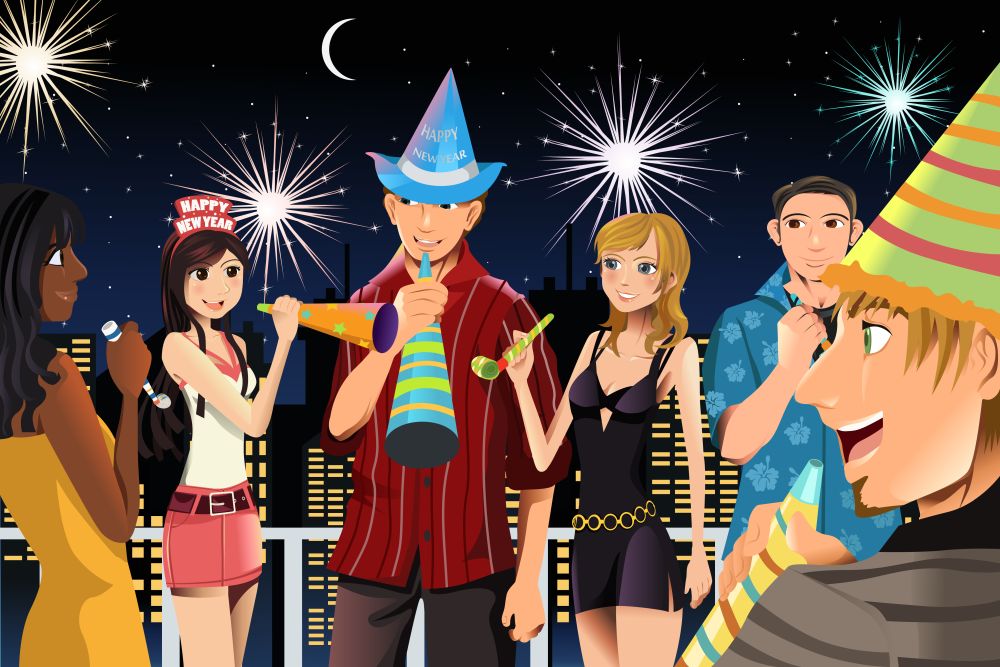 A vector of young people having New Year&rsquo;s celebration party