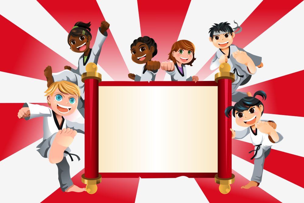 A vector illustration of a banner with kids practicing karate