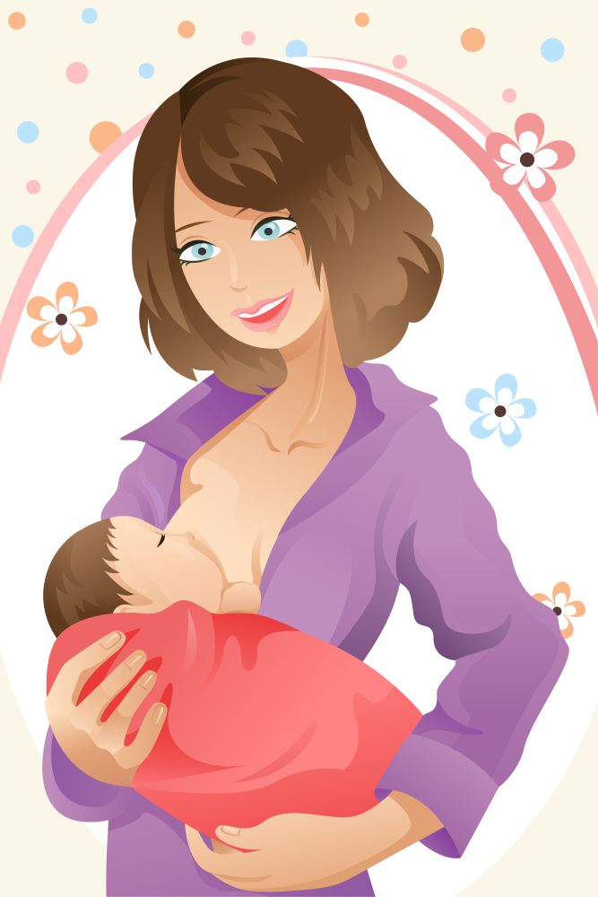 A vector illustration of a woman breast feeding her baby