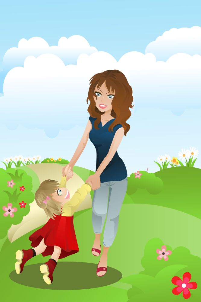 A vector illustration of a mother and a daughter having fun in the park