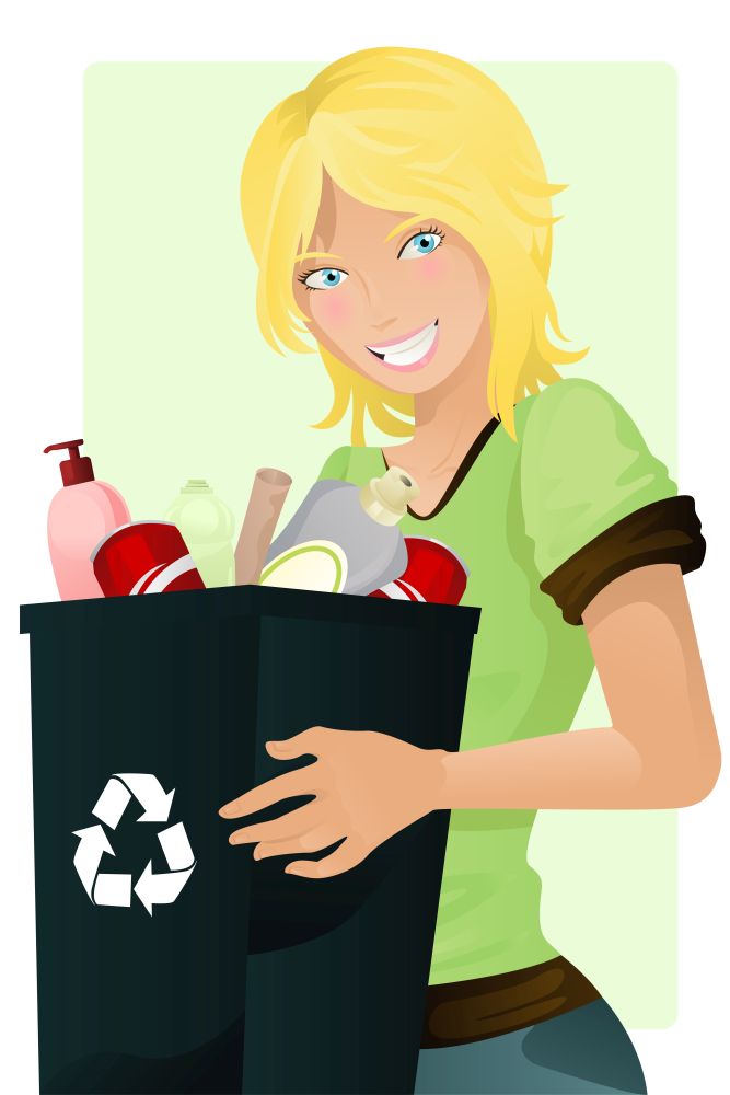 A vector illustration of a girl carrying a recycle waste bin