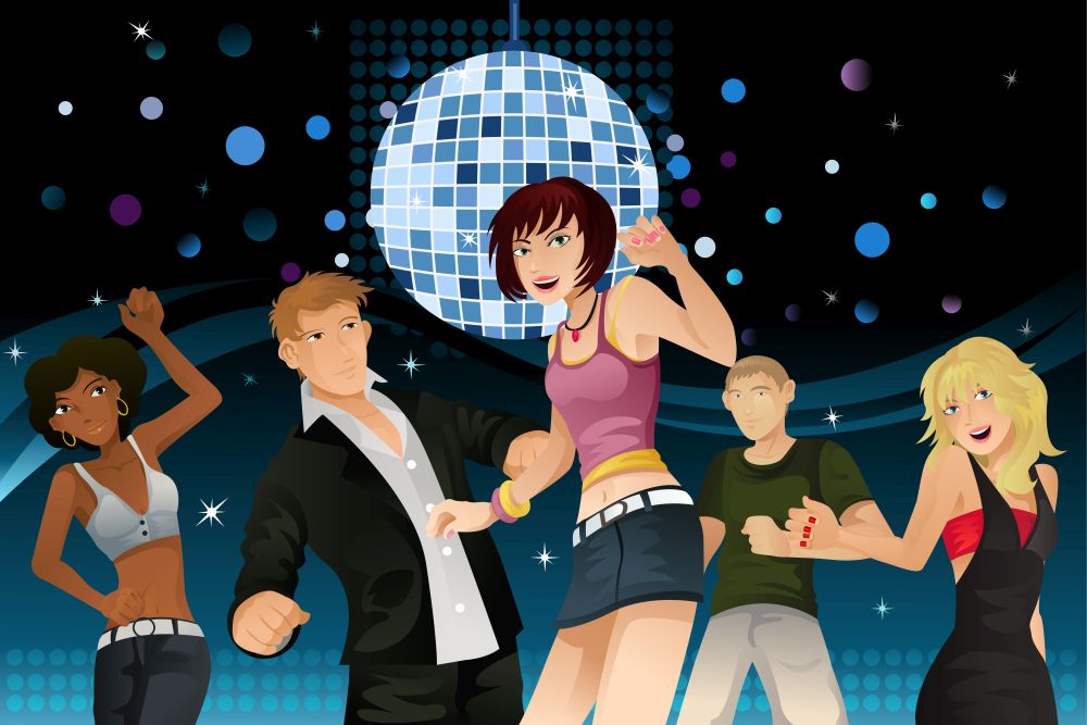 A vector illustration of young people partying and dancing in a disco club