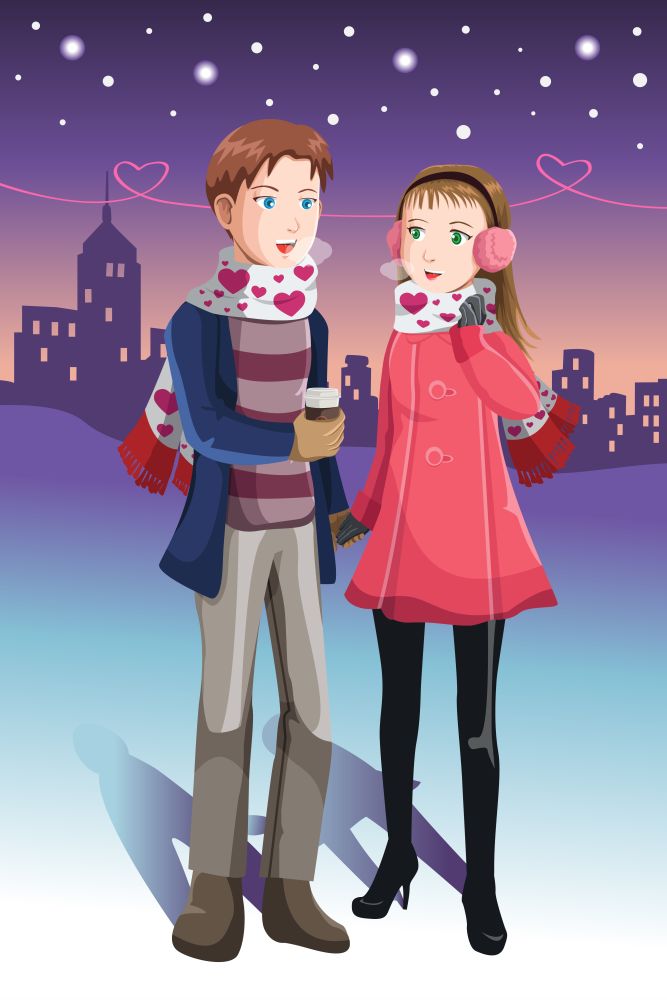 A vector illustration of a young couple in love in winter time