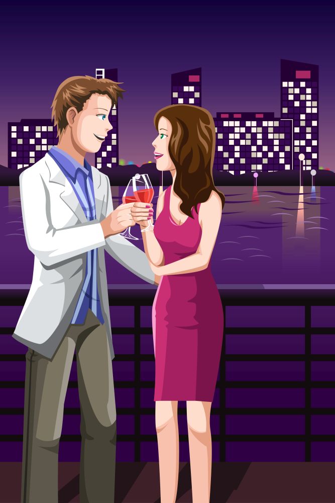A vector illustration of a young couple enjoying the night out