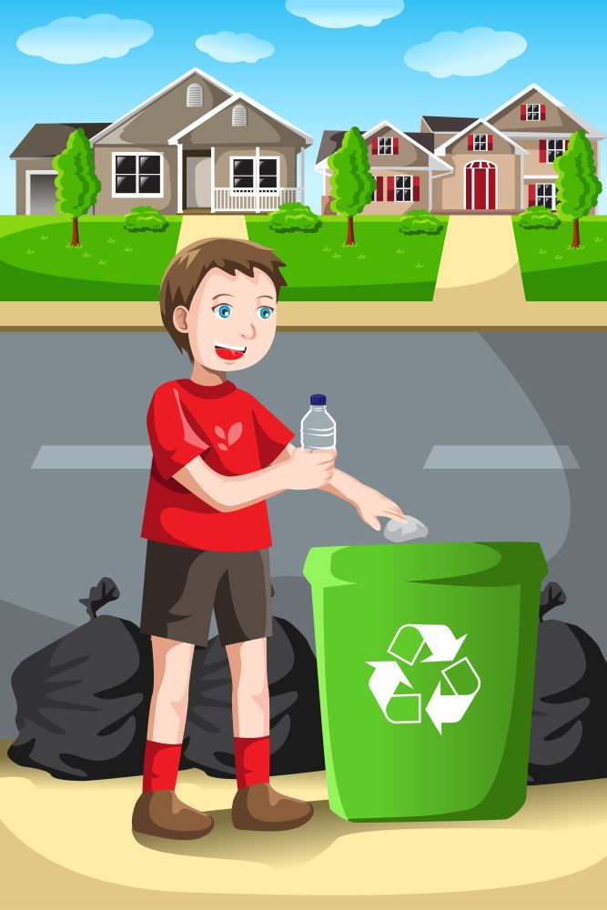 A vector illustration of a kid recycles a bottle into a recycling bin