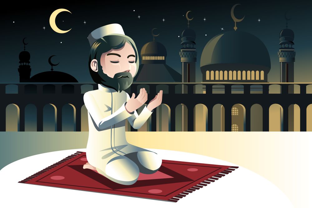 A vector illustration of a muslim praying in a mosque