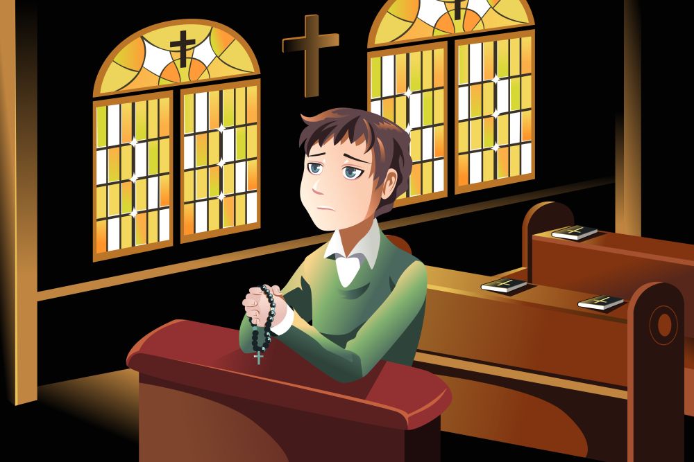 A vector illustration of a Christian man praying in the church
