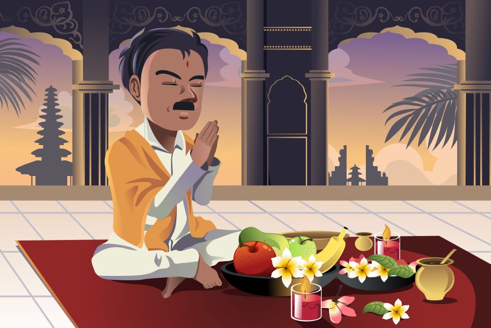 A vector illustration of Hindu man praying in a temple
