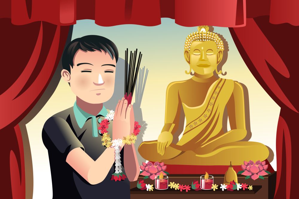 A vector illustration of a Buddhist man praying in a temple