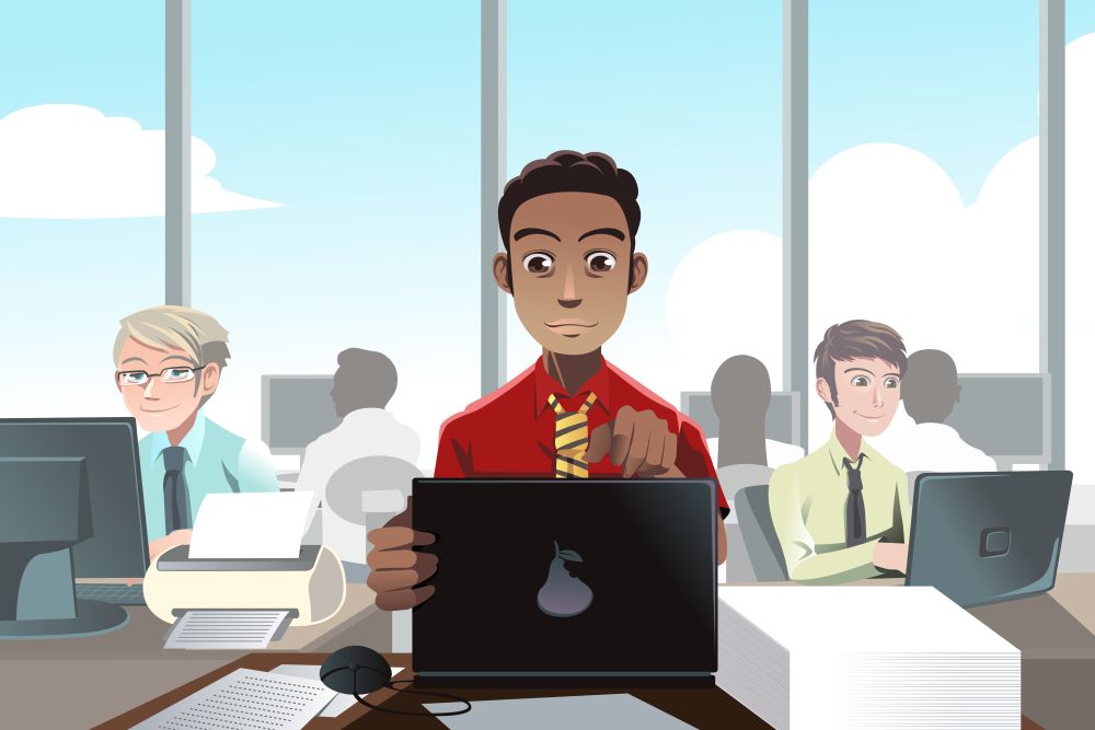 A vector illustration of business people working in an office