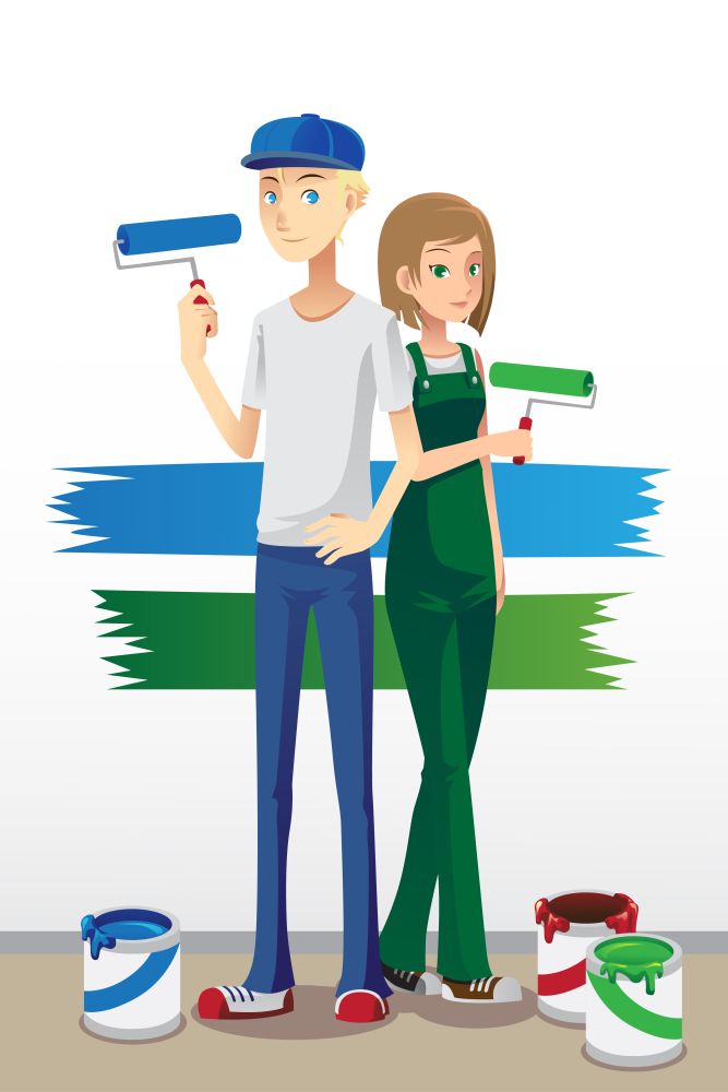 A vector illustration of a couple holding paint brush ready to paint