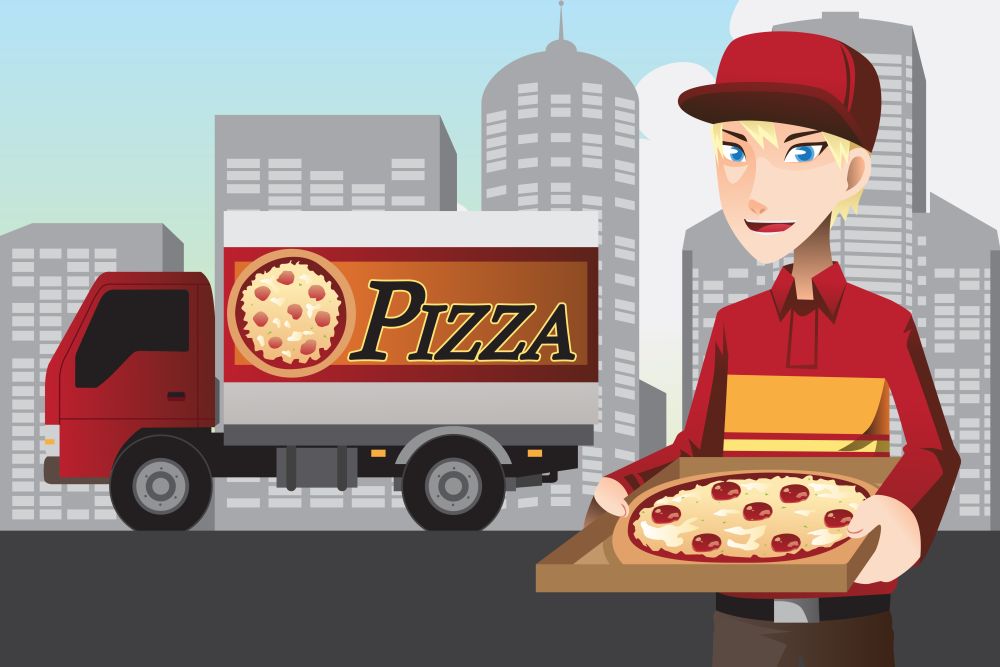 A vector illustration of a pizza delivery man