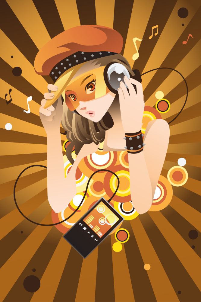 A vector illustration of a beautiful girl listening to music