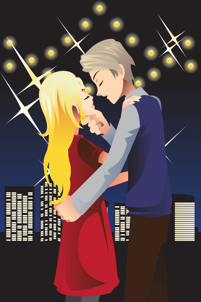 A vector illustration of a romantic young couple kissing