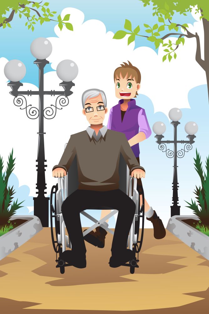 A vector of a little boy pushing his grandfather sitting on a wheelchair
